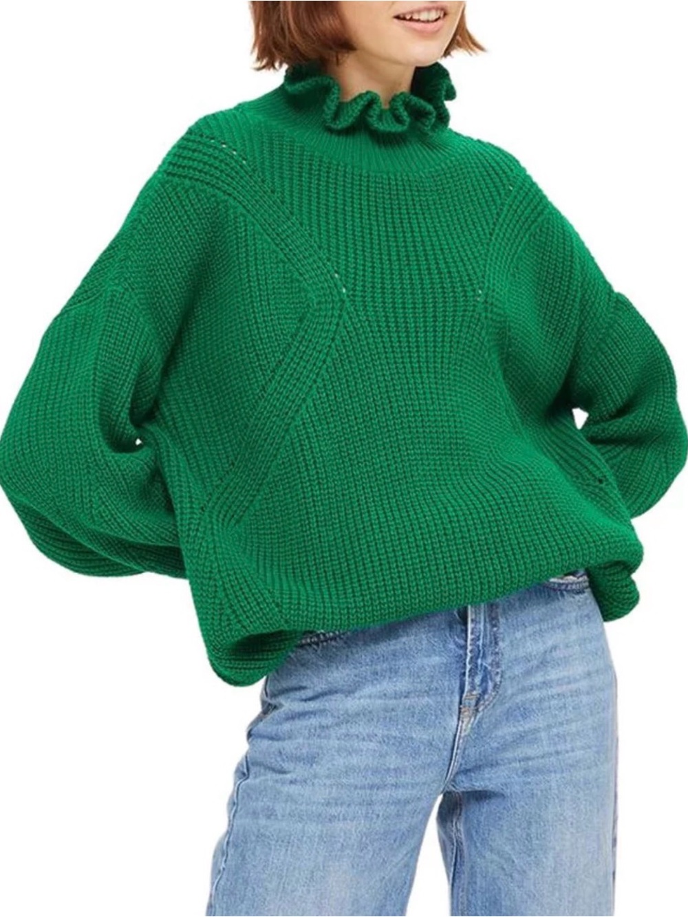 Topshop Ruffled Mock Neck Chunky Knit Sweater - Bright Green